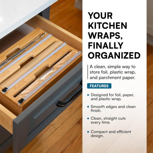 Honey Can Do 3-In-1 Bamboo Food Wrap Organizer With Safety Cutter | Plastic, Wax, Paper and Foil Holder KCH-09858 Natural