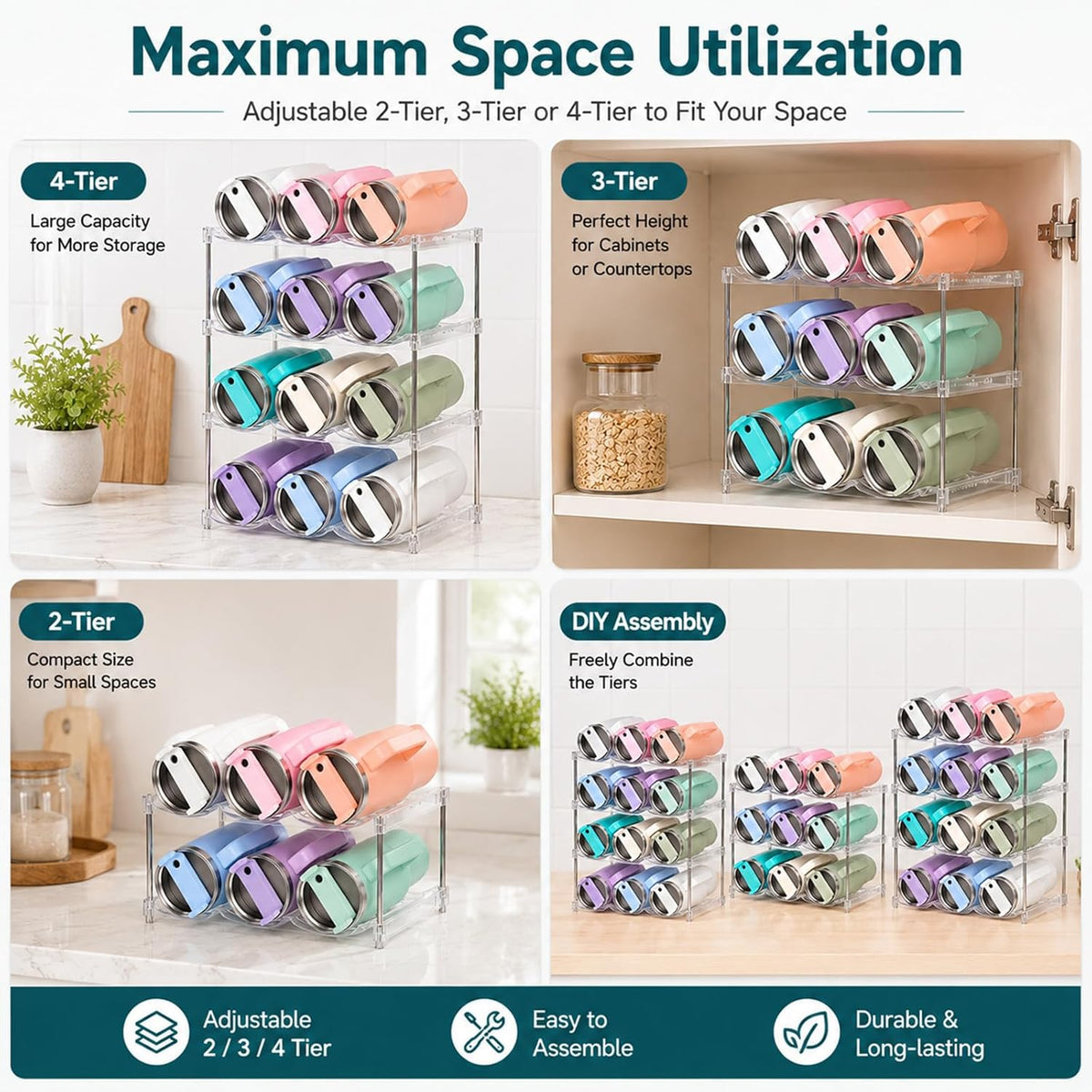 Stackable Water Bottle Organizer for Stanley 40 oz Tumbler, Large Compartment Water Bottle Holder for Cabinet, Clear Tumbler Organizer for Kitchen Countertop Pantry, 3 Pack