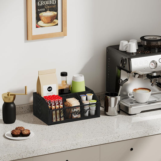 YINMIT Coffee Station Organizer for Countertop, Wood Coffee Bar Organizer with Removable Dividers for Pods, Syrup, Cups, Stirrer, Tea - Office Coffee Bar Accessories, Iron Mesh-Vintage Brown