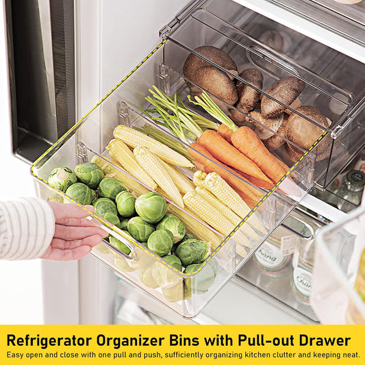 4 Pack Refrigerator Organizer Bins with Pull-out Drawer Stackable Clear Fridge Drawer Organizer Fruit Vegetable Storage Containers for Kitchen Pantry Organization (2 Large+2 Small)