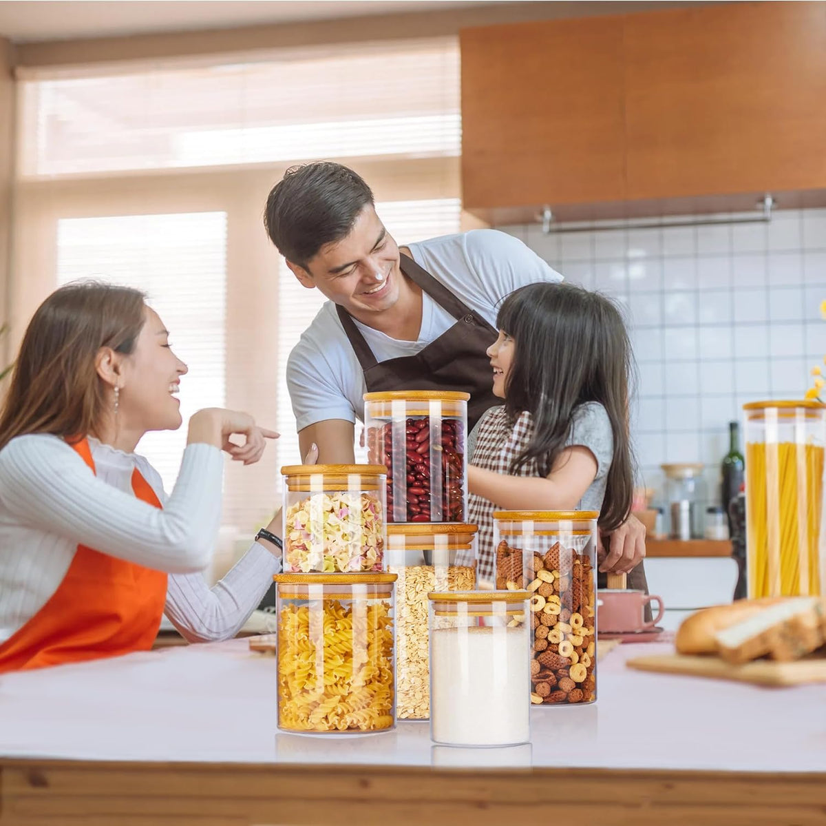 Vtopmart Glass Food Storage Jars, Kitchen Containers with Airtight Bamboo Wooden Lids for Pasta, Cookies, Nuts, Coffee Beans, Cereal, Canisters Set for Flour, Pantry Organization, BPA Free