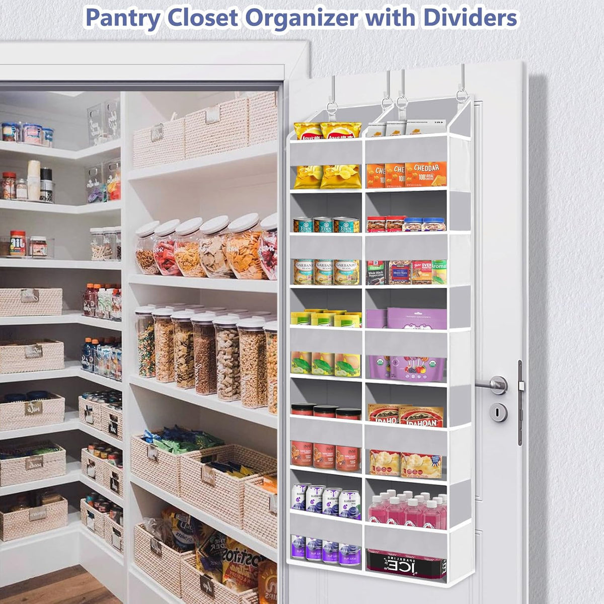 Heavy Duty Over The Door Organizer 5 Tiers, Extra Large Behind Door Storage of 10 Big Front & 10 Mesh Pockets, 80lb Weight Capacity, Hanging Doors Storage Organizer for Closet Bedroom Nursery, Grey