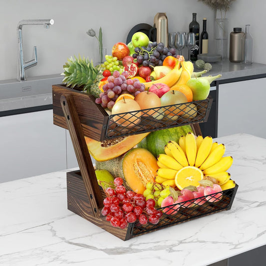 Dorhors Fruit Basket for Kitchen,Fruit Bowl,Kitchen Counter Organizer,Wooden Vegetable Holder for Countertop,Bread Storage Basket Stand(3 Tier)