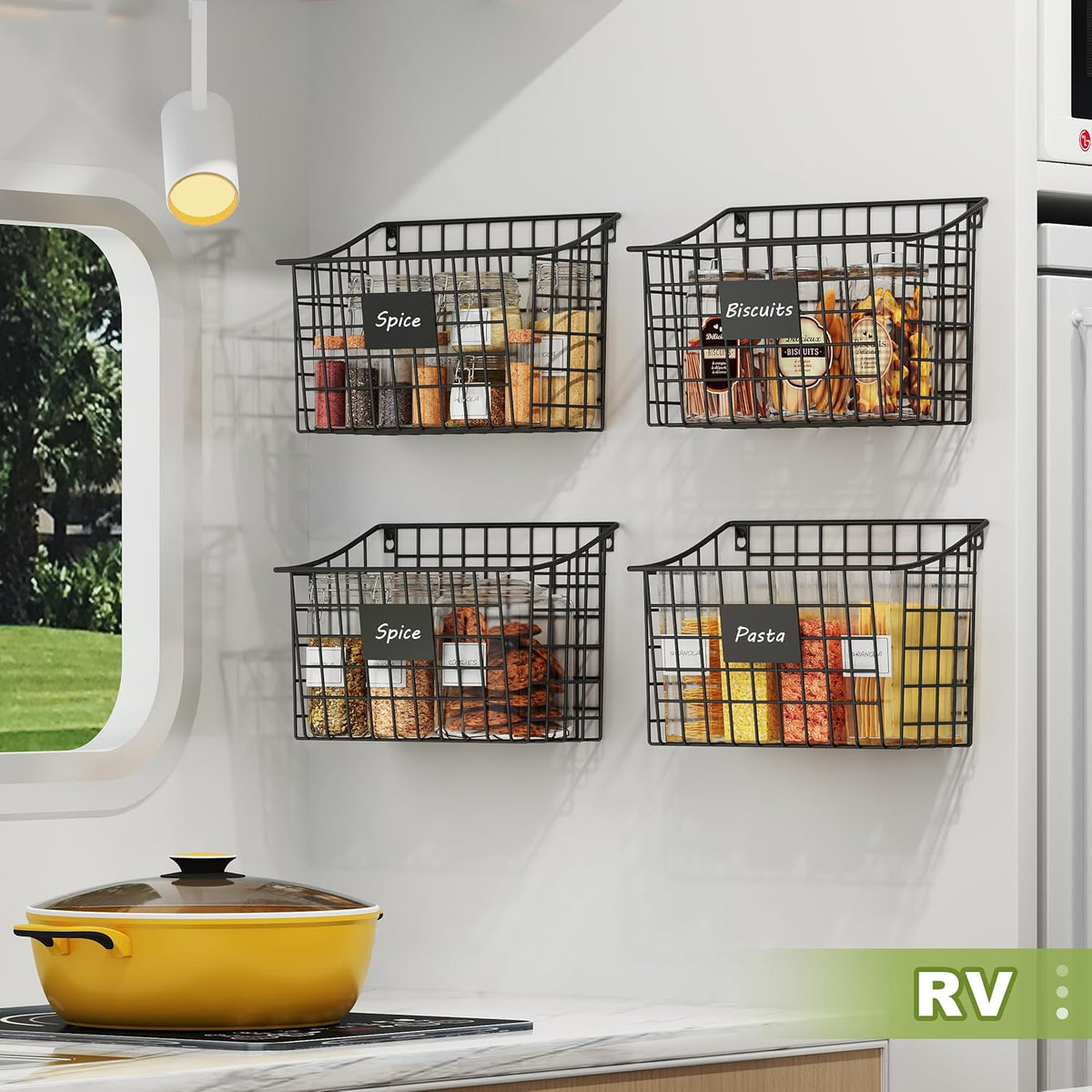 Wall Mounted Bin Basket with 5 Hooks 3 Label Plate Adhesive-3 Pack, Cabinet Hanging Metal Wire Basket,Rustic Farmhouse Decor, Storage Organization Shelf for Pantry Kitchen Bathroom 10.6*7.5*5.1inch