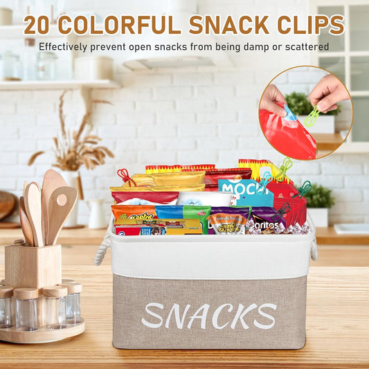 Snack Organizer for Pantry, Decorative Snack Basket with 10pcs Chip Clips, Snack Organizer for Desktop, Collapsible Snack Storage Basket Shelf, Office, Kitchen and More (Beige, Medium-2 Pack)