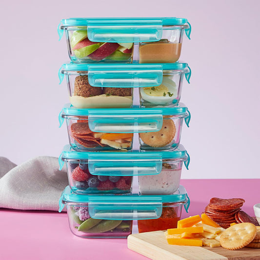 Pyrex Glass MealBox (5-Pack, 4 Cup) Divided Compartments with Locking Lids, For Meal Prepping and Portioning, BPA Free Microwave Dishwasher Safe