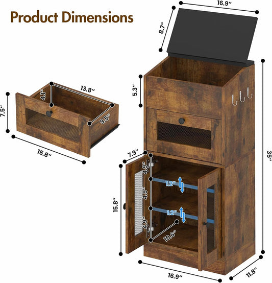 Potato and Onion Storage Bin with Lid, Large Potato Bin with Drawer, Multi-Compartment Wooden Fruit & Vegetable Cabinet with Mesh Doors, Rustic Kitchen Organizer for Pantry (16.9")
