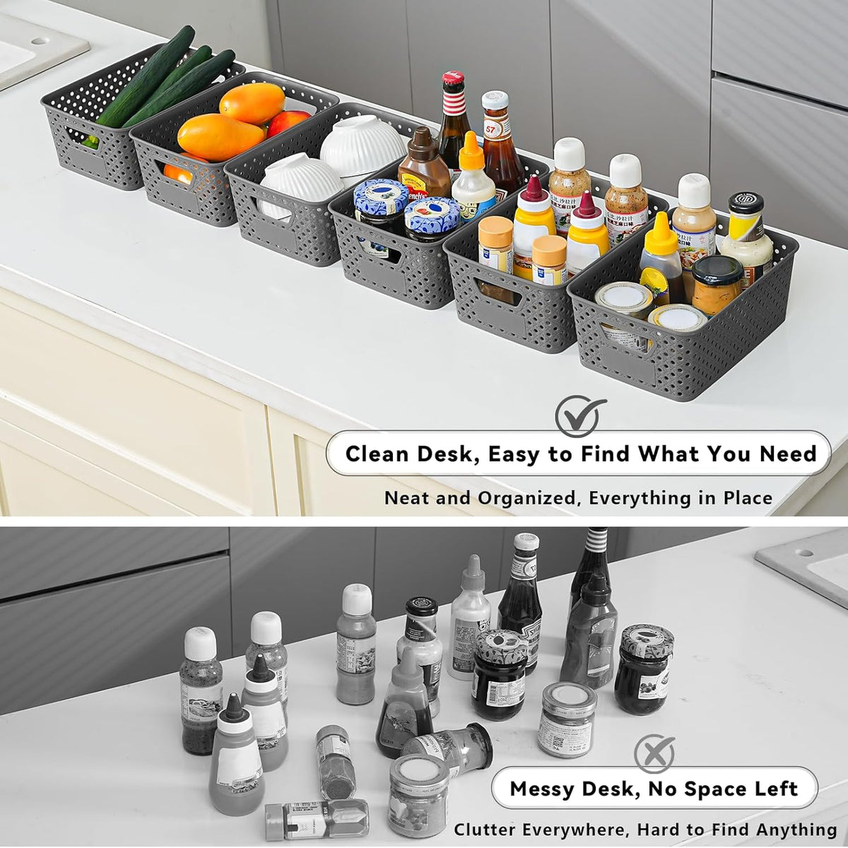 12 Pack Plastic Storage Baskets for Organizing, Storage Baskets for Shelves with Handles, Small Storage Bins with Labels, Organizer Baskets for Cabinet,Closet, Office