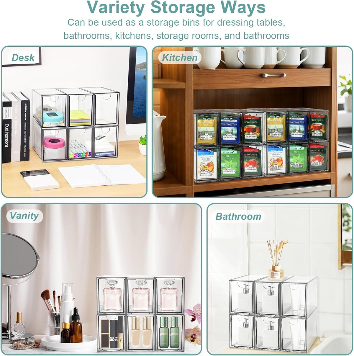 6 Tea Bag Organizer and Storage, Acrylic Tea Bag Holder Organizer, Plastic Tea Drawer Container for Cabinet