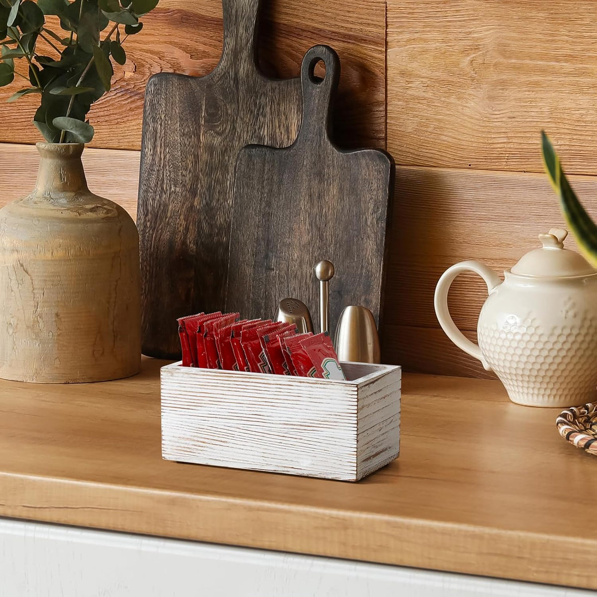Sugar Packet Holder, Wood Sugar Caddy, Sugar Packet Holder for Coffee Bar, Drink Packet Organizer, Condiment Holder Rustic White