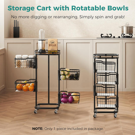 5 Tier Kitchen Fruit Vegetable Storage Cart with One-Piece Rotating Basket, Pantry Organizer Shelf Rack Floor Stand for Veggie Onion Potato Produce Spice, Rolling Snack Cart on Wheels, Black