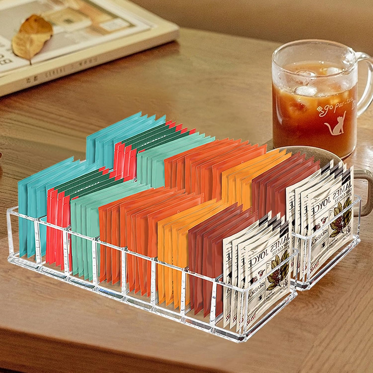 Tasybox Tea Bag Organizer, Clear Acrylic Tea Bag Holder, Tea Packet Storage for Drawer, Pantry, Kitchen, Cabinet, Countertop