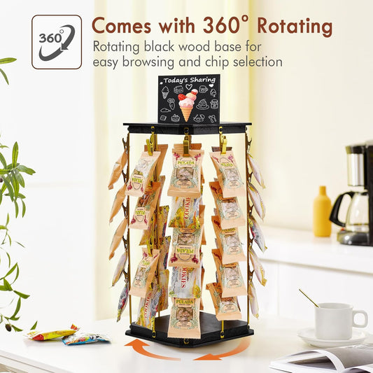 Pinzoveco Chip Rack Display Stand, 5 Tiers 40 Clips Snack Organizer for Office Desk, 360° Rotating Wooden Base Chip Holder Candy Display for Concession Stand, Countertop, Party, With Message Board
