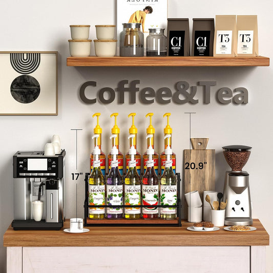 THYGIFTREE Coffee Syrup Rack Organizer 2-Tier 10 Syrup Bottles Holder Stand Metal with Wood Base for Coffee Bar Storage Shelves for Kitchen Countertop Matte Black