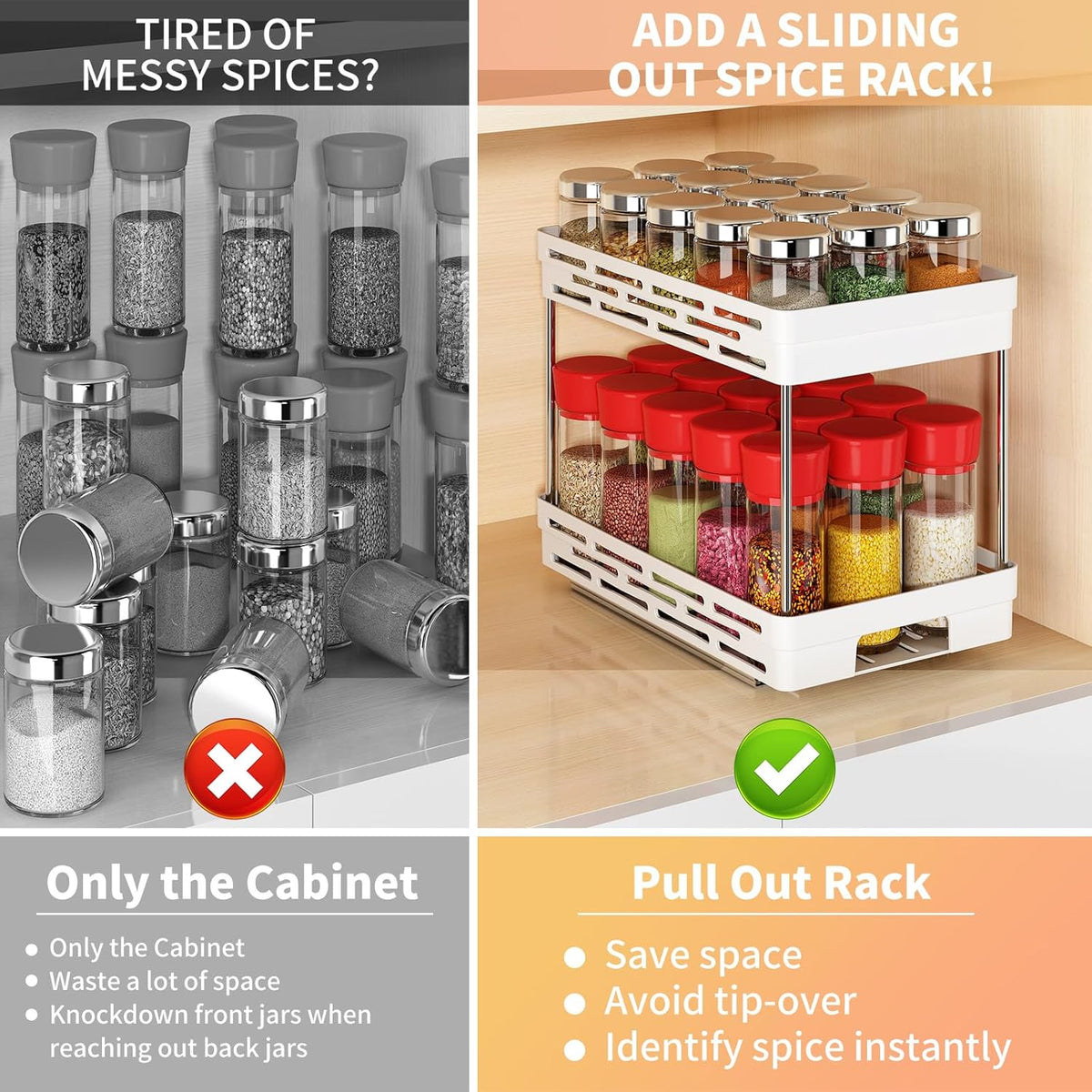 Pull Out Spice Rack Organizer for Cabinet, Slide Out Spice Racks Organizer, Spice Cabinet Organizers, Cabinet Size Need:12'' Highx11'' Deepx5'' Wide,Hold 10 Spice Jar Each Tier-2Tier, Black