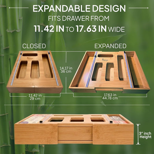 3" Slim 6-in-1 Expandable Storage Bag Organizer Kitchen Drawer - Bamboo Baggie Organizer for Drawer, Aluminum Foil & Saran Wrap Cutter, Plastic, Gallon, Quart & Sandwich Bags (11.5"-17.63" Wide)