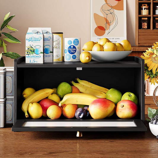 Trironsun Bread Box for Kitchen Counter Black Bread Storage Container with Acrylic Door William Morris Flower Bird Design Farmhouse Breadbox Organizer (Black)