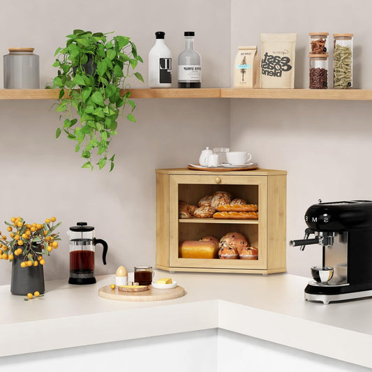 Goozii Corner Bread Box for Kitchen Countertop, Black Bread Storage Container for Homemade Bread, Two Layer Breadbox under Cabinet Mount, Large Bread Holder for Kitchen Counter, Pantry Shelf