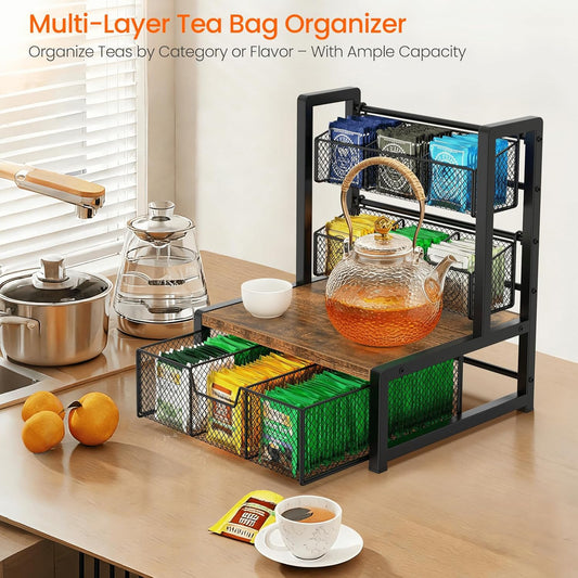 Homode Tea Bag Organizer, 3 Tier Tea Storage Container Box, Wood Tea Station Caddy, Teabag Holder Stand with Drawer Basket, Large Tea Chest Display Rack for Countertop Cabinet Office, Rustic Brown