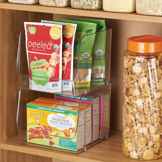 mDesign Wide Stackable Plastic Food Storage Organizer Bin Basket with Open Front for Household Kitchen Cabinets, Pantry, Offices, Closets, Bedrooms, Bathrooms - 10.2" Wide, 2 Pack - Clear