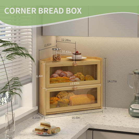 JANSNIMEN Black Corner Bread Box for Kitchen Countertop, Large Bread Container Storage Bamboo Wooden Farmhouse Bread Box with Window Bread Holder