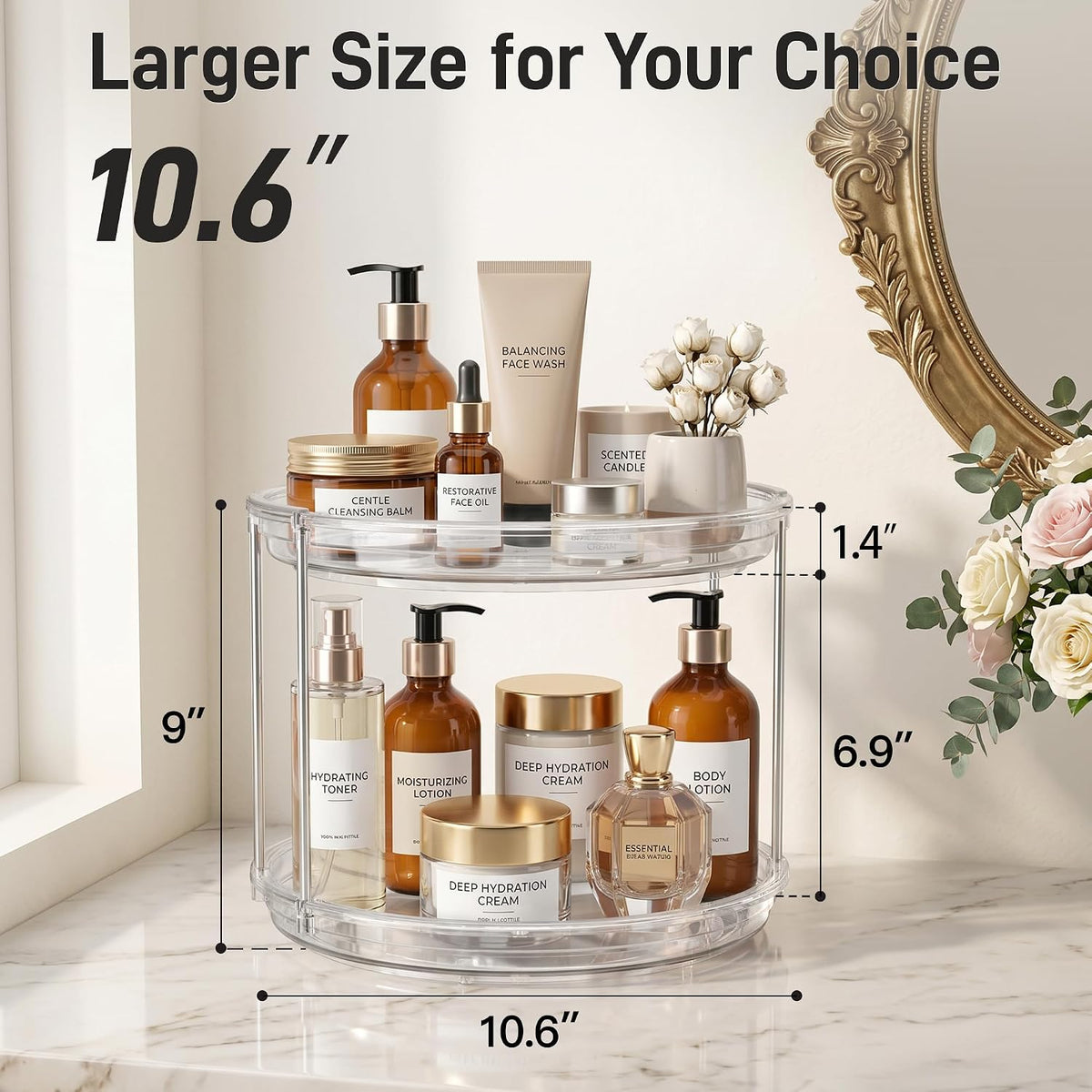 2 Tier Lazy Susan Organizer, 9'' Lazy Susan Turntable for Cabinet, Stackable Turntable Organizer Rotating Spice Rack Organization for Kitchen Countertop, Pantry, Bathroom, Clear