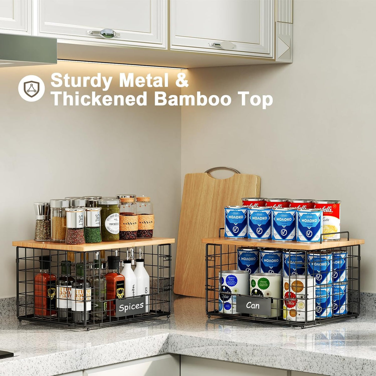 2 Pack Stackable Wire Baskets with Bamboo Top for Pantry Organizers and Storage, XXL Kitchen Organization Counter Basket for Fruit, Vegetable, Produce, Bread, Potato and Onion Storage Bins