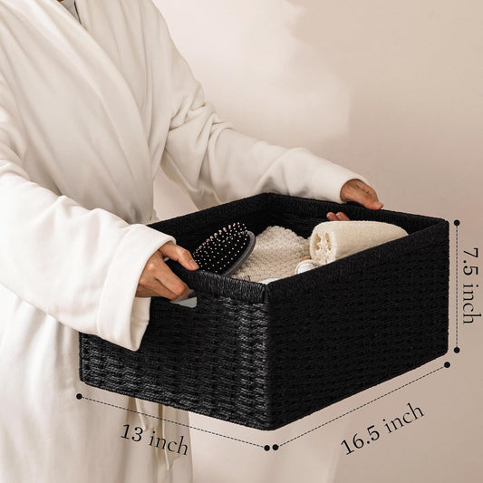 UBBCARE Wicker Basket, 13.4L×8.3H×7.1W inch Woven Paper Rope Storage Baskets for shelves, Foldable Rectangular Storage Baskets with Handle, Storage Basket for Organizing, Black