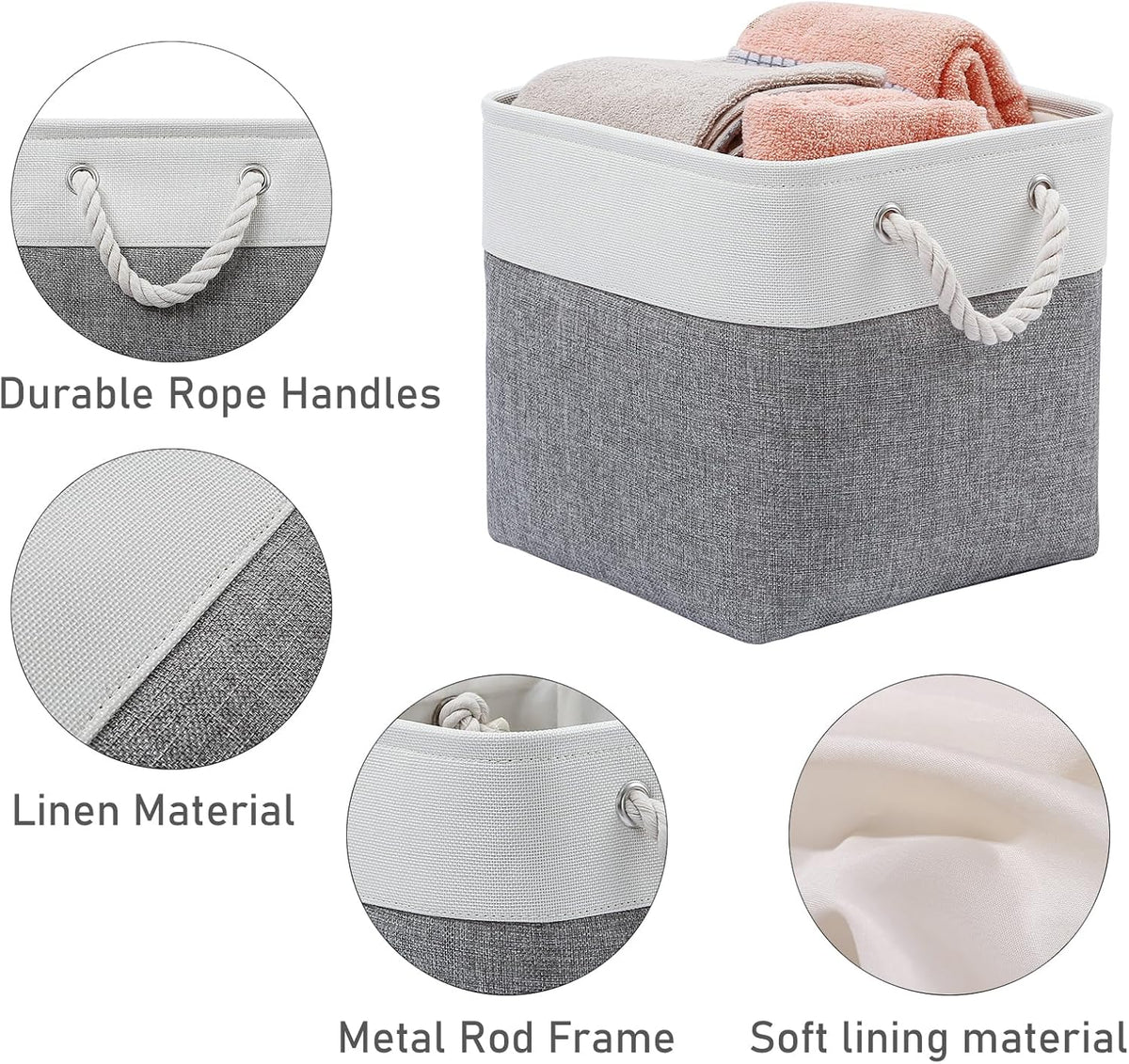 MidmmVick 13 x 13 Inch Cube Storage Bins, 6 Pack Extra Large Collapsible Fabric Storage Bin with Ropes, Foldable Storage Cubes for Home (White & Beige-13"x13"x13")