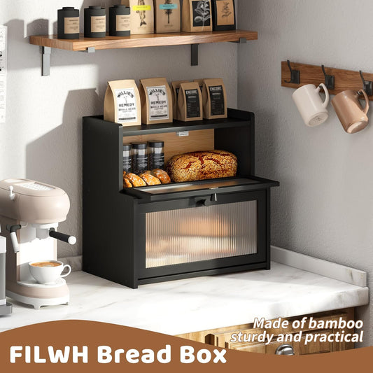 Bread Box for Kitchen Countertop Double Layer Large Corner Bread Box Capacity Bread Storage Bin Farmhouse Breadbox Container Organizer Cabinet Cupboard Black