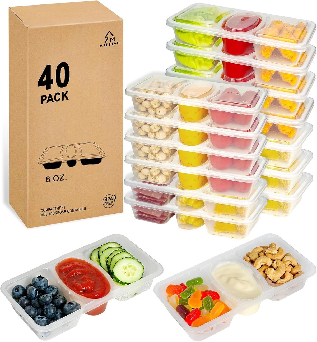 MACTANO 8 OZ Reusable Snack Containers with Lids, New 3 Compartment Condiment Snack Pack Containers 20 Sets