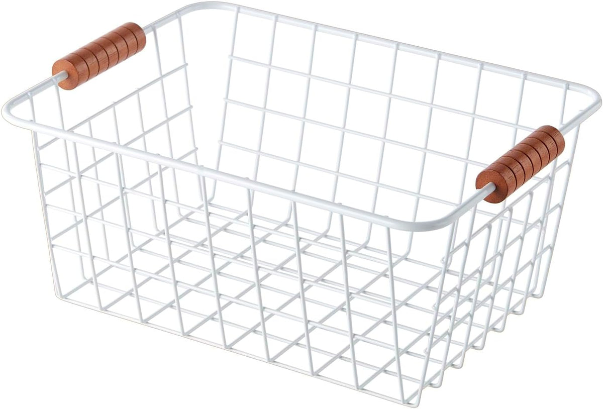 JUNCHU CHERRY Wire Kitchen Storage Basket 4 Packs,Perfect Pantry Organization Accessories Baskets,Laundry Basket,With a Wooden handle,Suitable for Kitchen,Bathroom,Bedroom,Tabletop,Stackable,Black