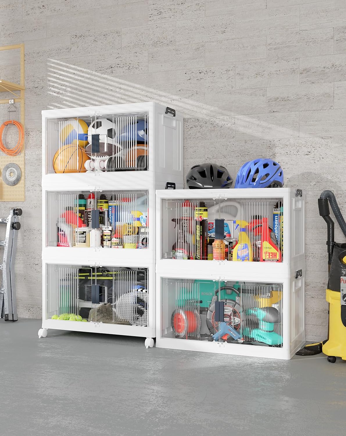 OlarHike 97QT Stackable & Lockable Storage Bins with Lids - Folding Storage Box with Doors and Wheels, Collapsible Plastic Drawers for Closets and Organization, Garage, Shelves, Gifts, Cubes