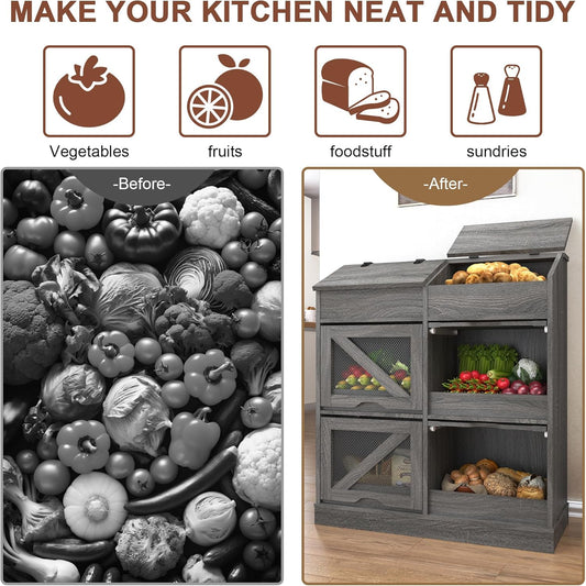 Potato And Onion Storage Bin with Lid,Rustic Bread&Fruit Organizer with Wood Hidden Door,Farmhouse Grocery Section Decorative,Vegetable Organization Cabinet W/Mesh Door for Kitchen Dining Room(White)