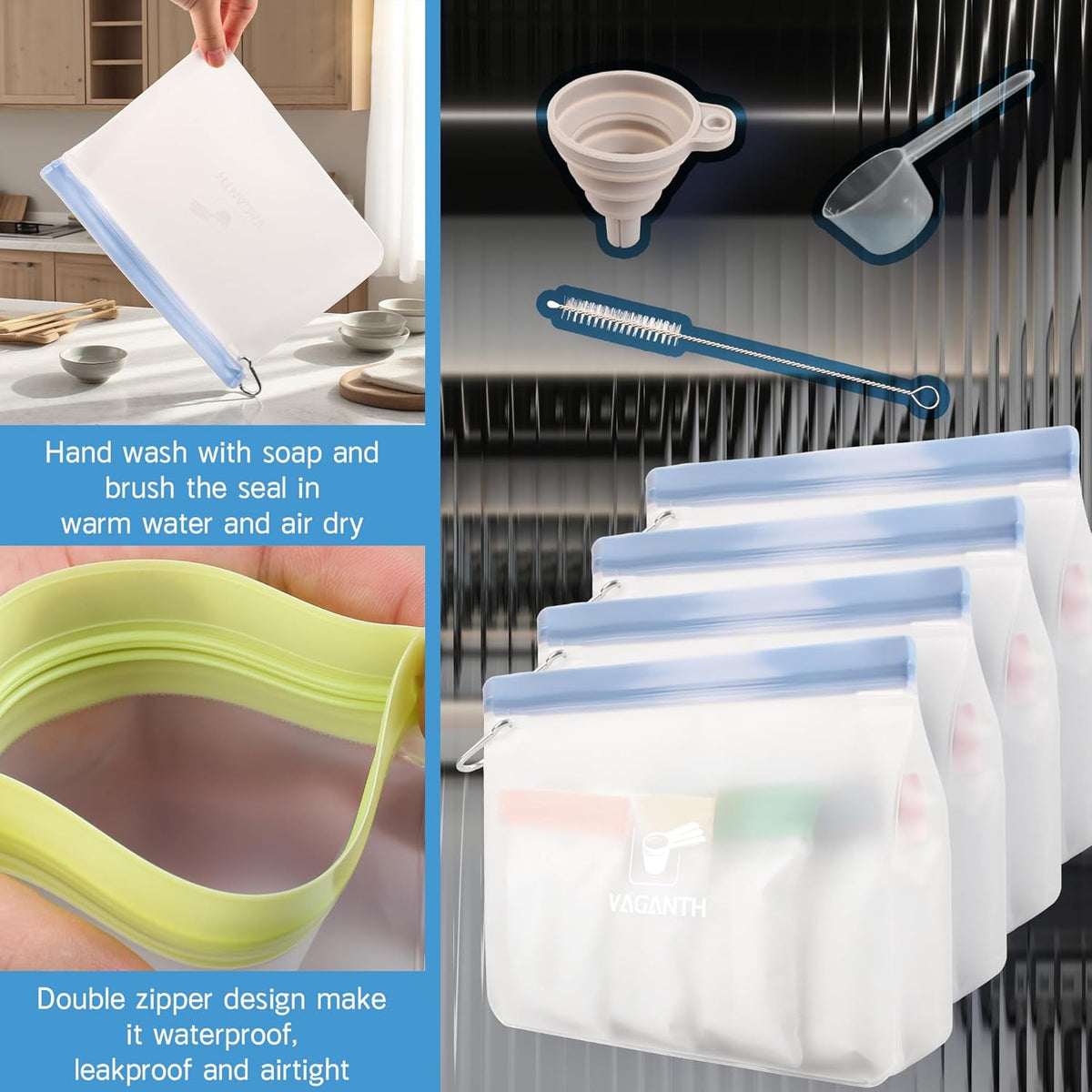 Protein Powder Travel Container Set,Reusable Powder Supplement Container To Go,21Pcs Single Dose Bags & 3Pcs Large Zip Bags,Portable Travel Containers with Funnel,Spoon