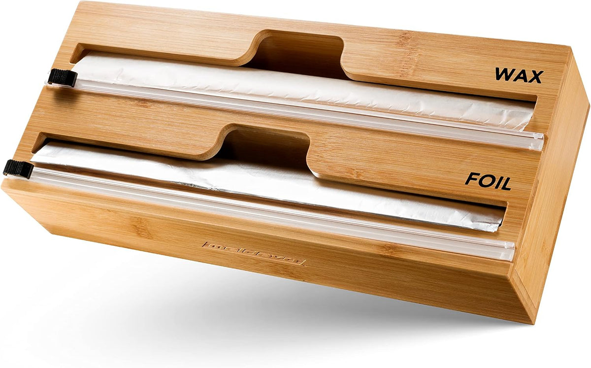 MELDEVO 2 in 1 Wrap Dispenser with Cutter and Labels, Plastic Wrap, Aluminum Foil and Wax Paper Dispenser for Kitchen Drawer, Bamboo Roll Organizer Holder, Compatible with 12" Roll