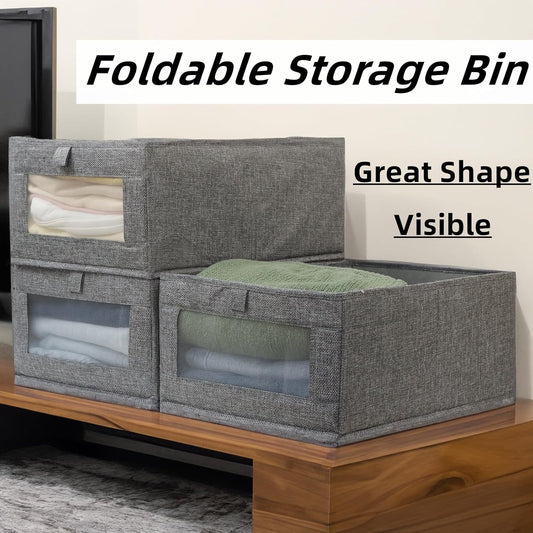 Fordonral 4 Pack Linen Storage Bins, Storage Containers for Organizing Clothing, Jeans, Toys, Books, Shelves, Closet, Wardrobe - Closet Organizers and Storage, Large Storage Boxes Baskets with Window