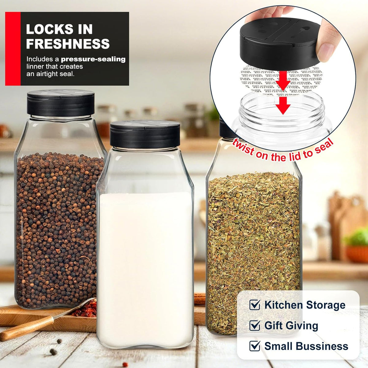 TUZAZO 16 Oz Spice Bottles Plastic Seasoning Containers, 6 PACK Large Plastic Spice Jars with Shaker Lids Empty for Spice & Herbs, Powders, Glitters, BPA Free | Wide Mouth | Dual Flip Tops