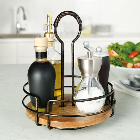 Gourmet Basics by Mikasa Nova Rotating Condiment Caddy, Handcrafted Iron and Acacia Wood Table Organizer with Spinning Platform and Carrying Handle, Contemporary Black Finish, 8.75 x 7 x 9.25 Inches