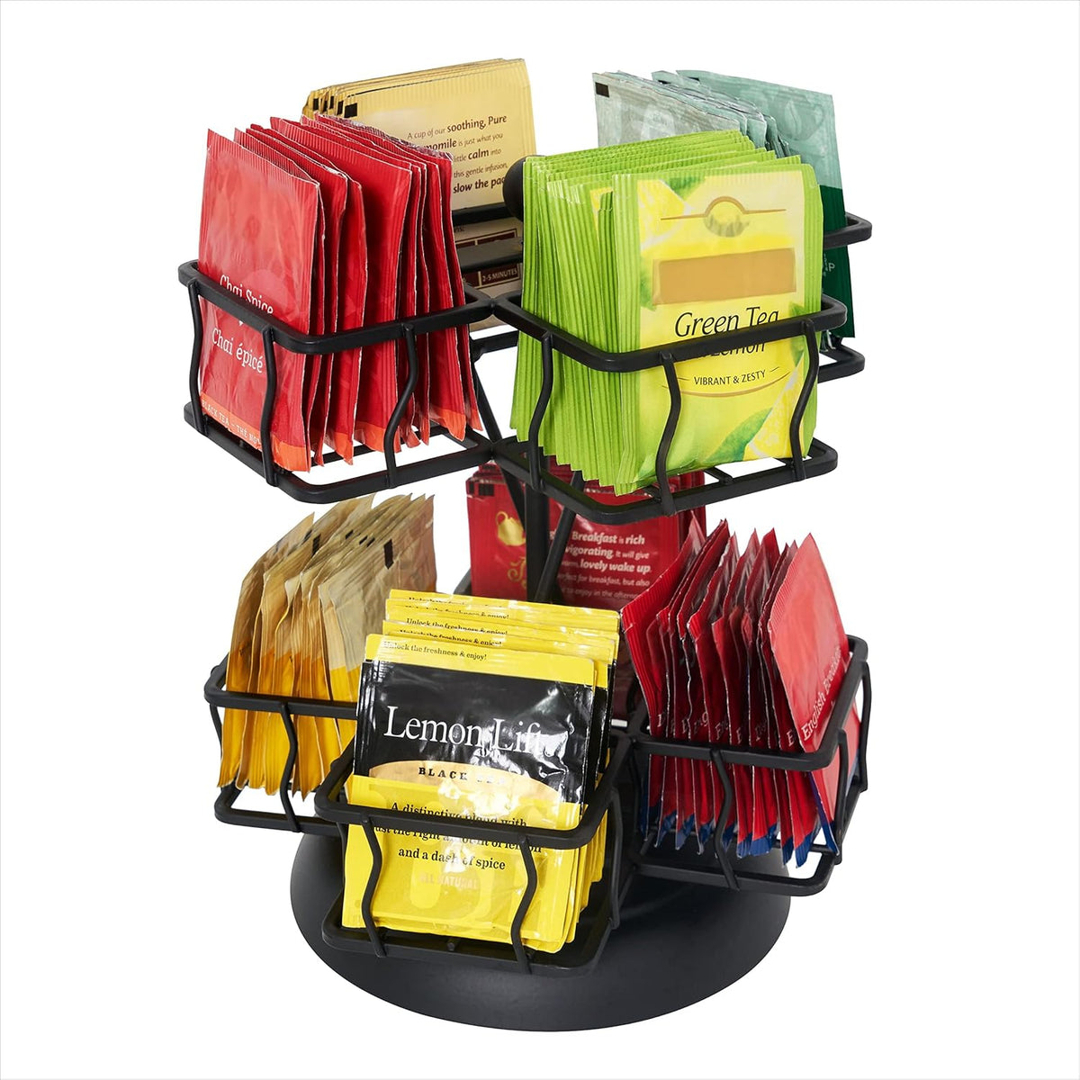 NHZ Tea Bag Storage and Organizer, Tea Bag Holder Black Powder Coated Stainless Steel for Tea and Coffee Box. Organize 100 Tea Bags- Tea Holder For Tea Bags 8 Compartments with 12 Bags in Each.