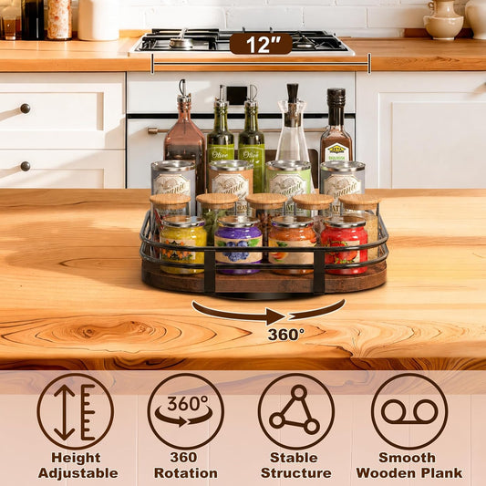 12" Large Lazy Susan Turntable Organizer Adjustable - Rotating Spice Rack for Table Top, 2 Tier Wood Spice Cabinet Organizer for Pantry Kitchen Countertop Coffee Bar Cupboard Bathroom Vanity Storage