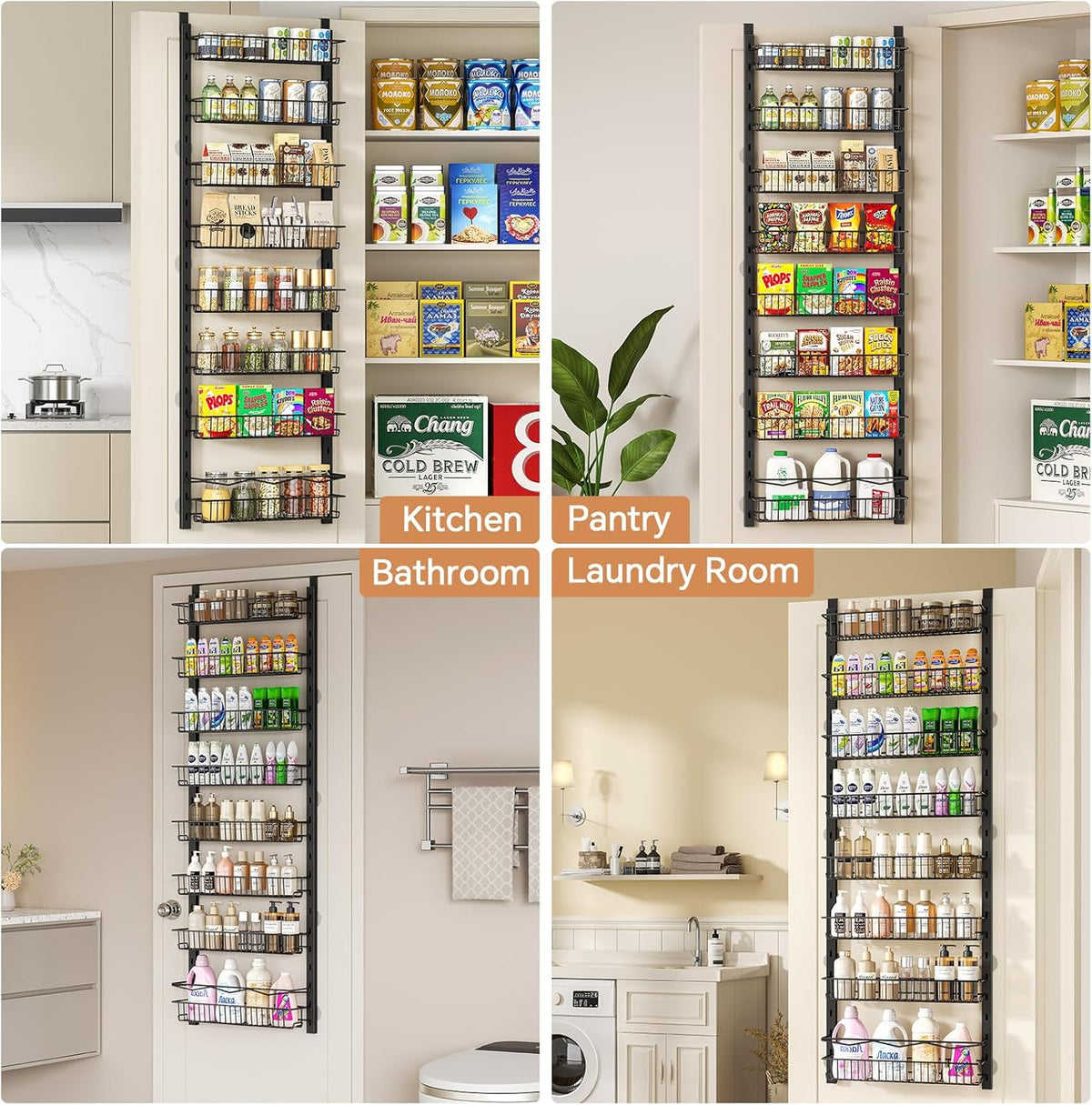 MIAOLI Over the Door Pantry Organizer, 8-Tier Adjustable Spice Rack Cabinet Door Shelves, Hanging Seasoning Organizer for Kitchen Bathroom, Laundry Room Organization, Black