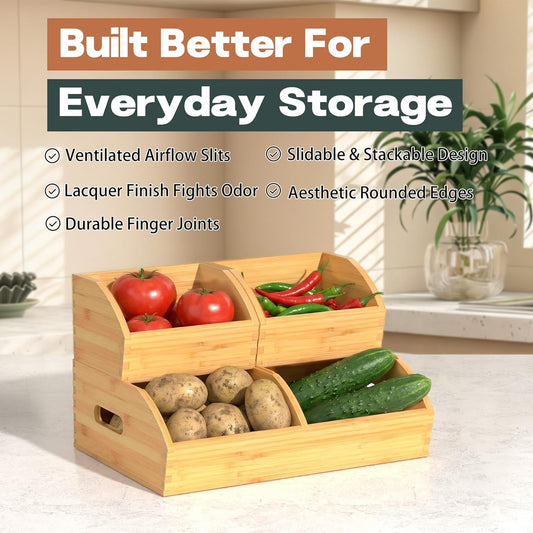 Potato and Onion Storage Bin, Stackable Pantry Organizers for Kitchen Countertop, Ventilated Bamboo Storage Baskets with Handles, Multipurpose Organization Containers for Fruit, Vegetable, 3 Pack