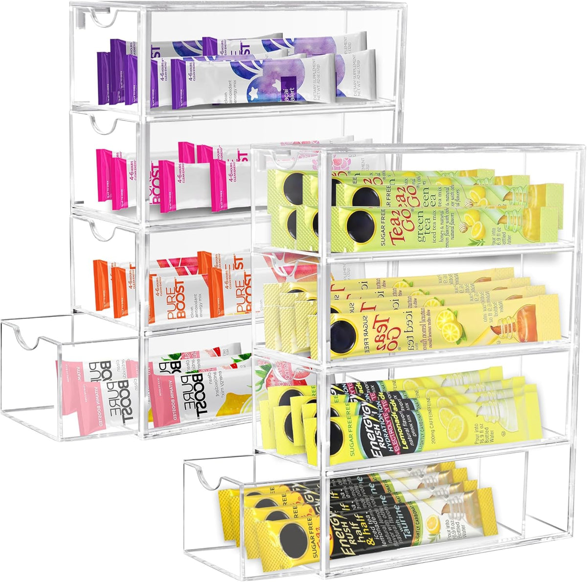 Drink Packet Organizer, Acrylic Drink Mix Holder with 4 Clear Drawers Water Flavor Packets Container for Kitchen Pantry Home Organization