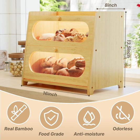 Bread Box for Kitchen Countertop, 3 Tier Large Capacity Breadbox, with Window, Cutting Board Rack and Knife Holder, Bamboo Bread Container, Under Cabinet Organizer