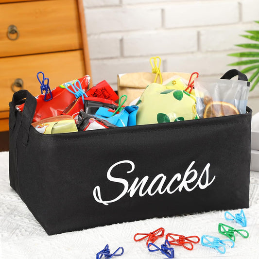 Newtay 17 Pcs Snack Basket Sets, Snack Storage Bin for Pantry Shelves with 16 Pcs 2 Inch Chip Clips, Basket Organizer for Kitchen Home, Chips, Popcorn, Candy, Pretzels(Burlap,Khaki)