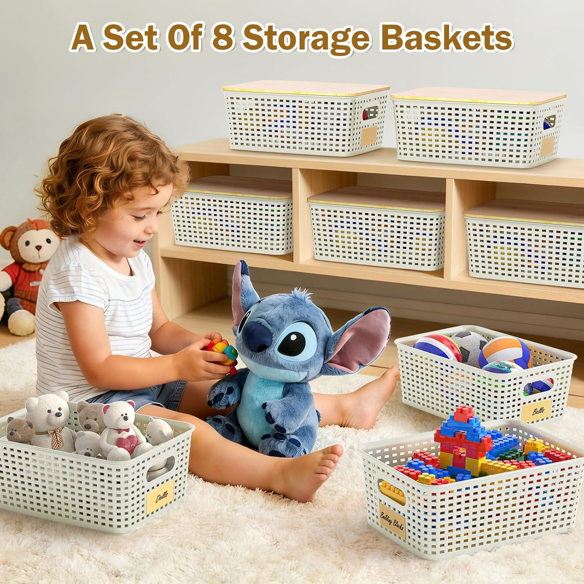 Stackable Storage Basket: Plastic Baskets Bins, Baskets for Organizing, Pantry Decorative Containers for Closets, Cabinets, Shelves(8 Pack, Grey)