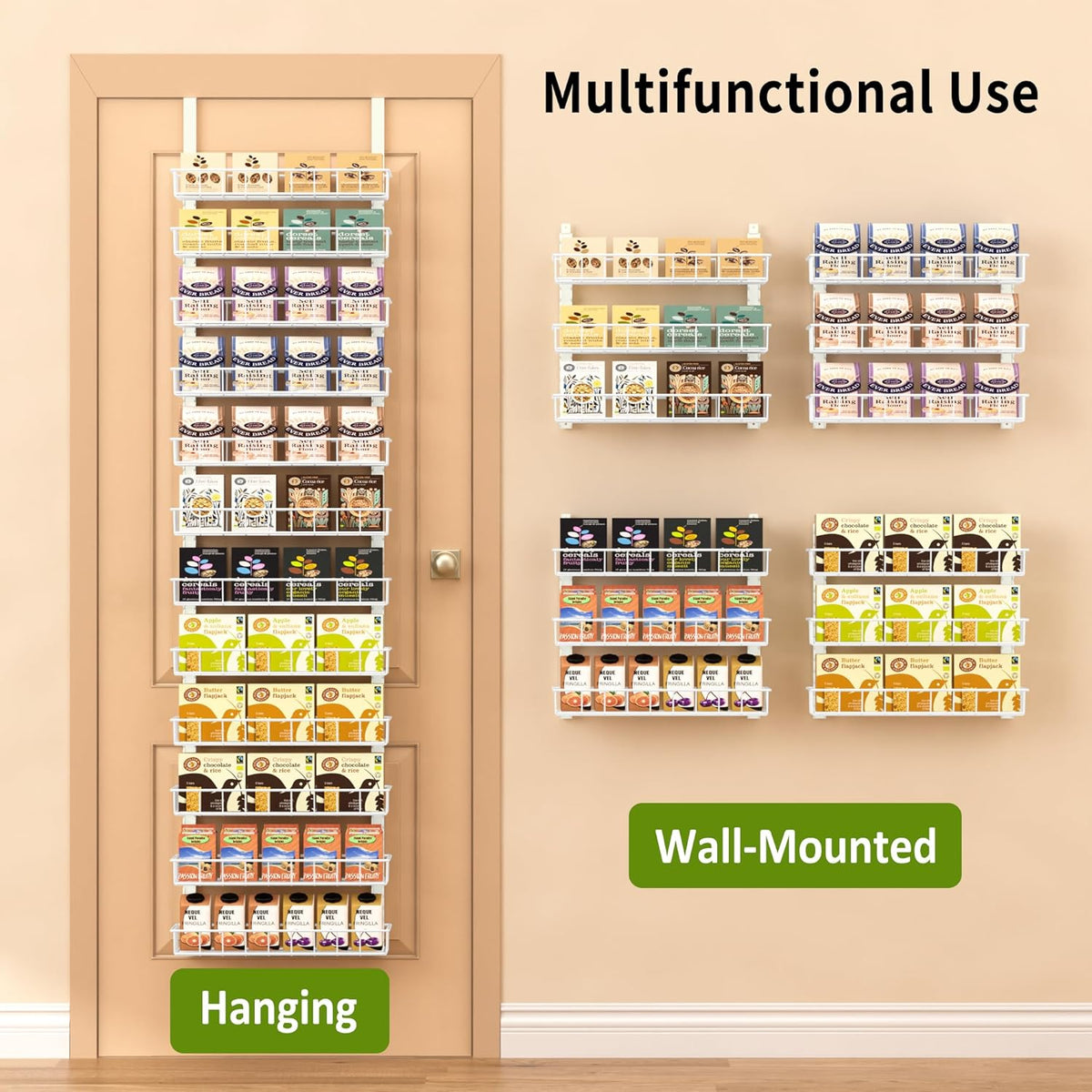 Churboro Over the Door Pantry Organizer Rack with 9 Adjustable Baskets, 9 Tiers Dual-use Hanging or Wall Mount Spice Rack Organizer, Black