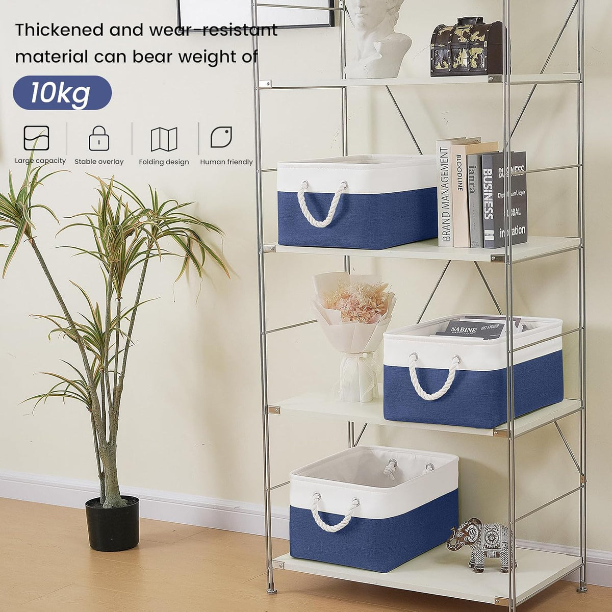 Large Storage Baskets- 15.7x11.8x8.26 inch Storage Bins for Shelves and Closet Organizing, Foldable Fabric Bin for Home Organization Clothes and Laundry (3-Pack, White&Khaki)