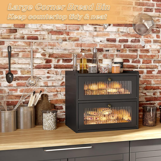 Alpeir Double Layer Large Bread Box for Kitchen Counter, Wooden Corner Bread Storage Container with Acrylic Window, Retro Brown